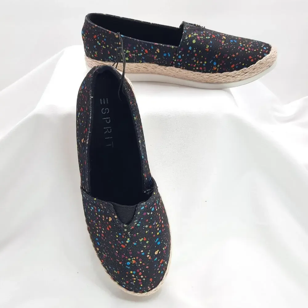 Esprit Ellery Flats Black Canvas Paint Splatter Espadrille Slip On Jute Sz 6 New